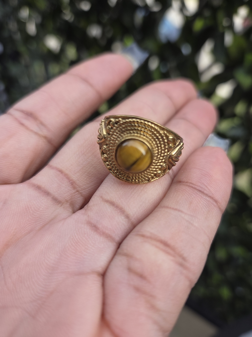 Gold-Tone Women's Ring with Tiger Eye Stone